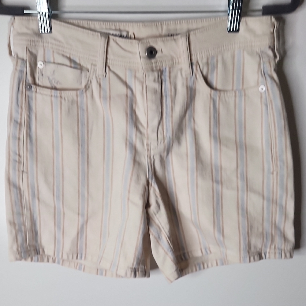Pilcro Anthropologie Slim Boyfriend White Denim Blue Tan Stripe Shorts, Size 27